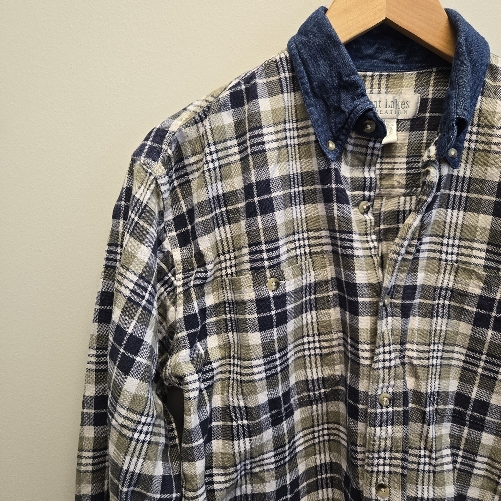 Vintage Medium Great Lakes Recreation Plaid Denim Button Cotton Shirt - Picture 2 of 6
